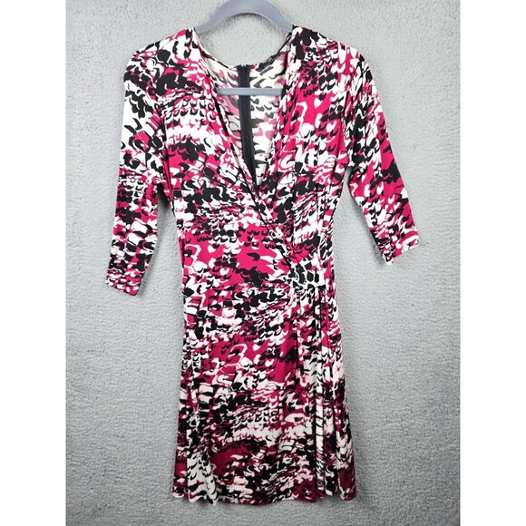 Rena Lange Pink Black White Abstract Print Dress US 12 EU 38 Ruched V Neck Chic - Picture 12 of 13